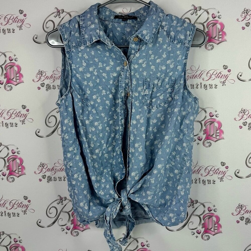 Velvet heart tank top button up tie up bottom Floral Denim Sleeveless Blouse